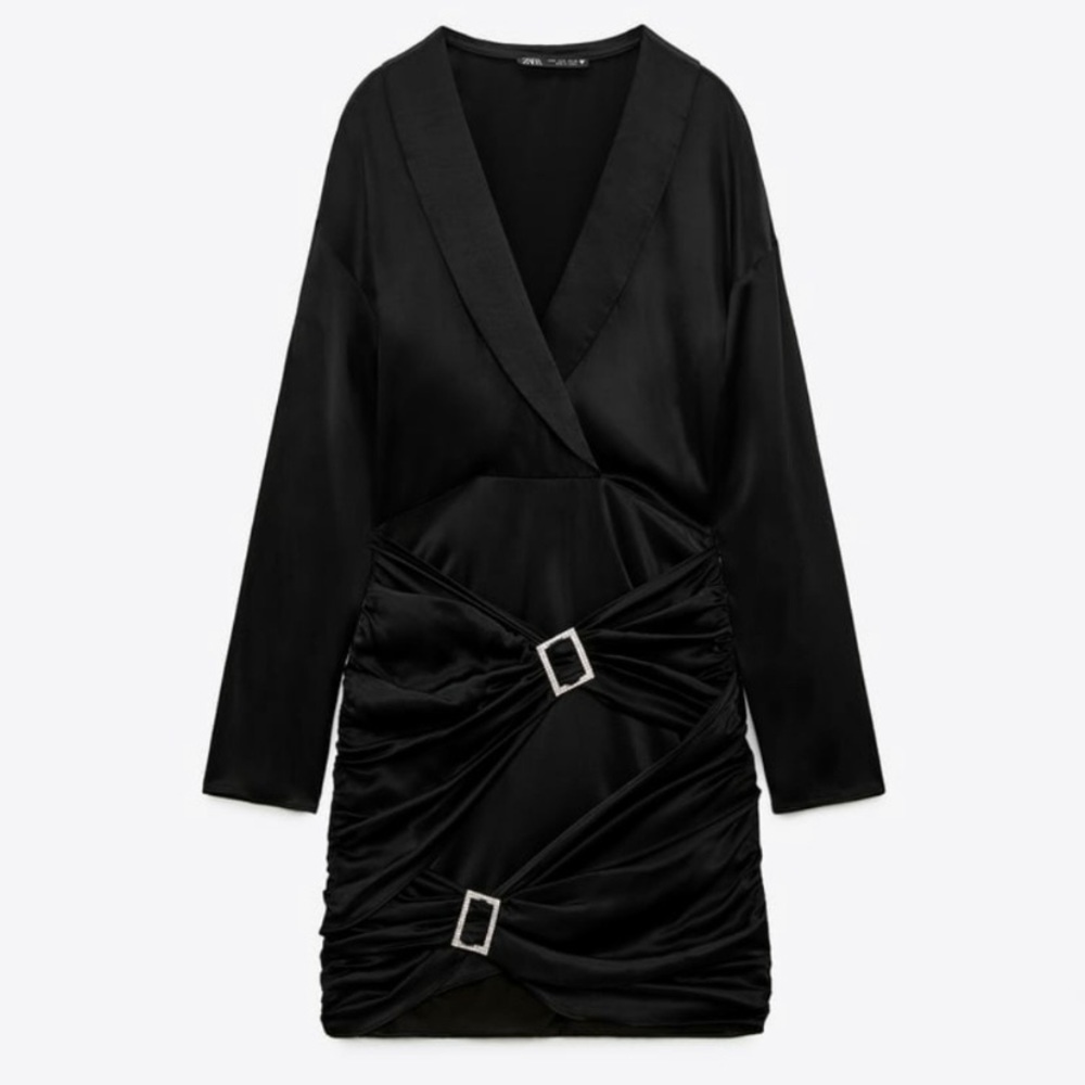 Zara Jewel Trim Buckle Long Sleeve Satin Mini Dress